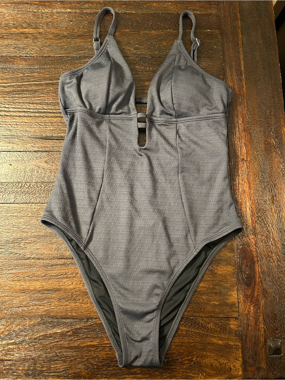 Charcoal Gray Textured Plunging Deep V-Neck Keyhole One-Piece Swimsuit - Picture 2 of 6